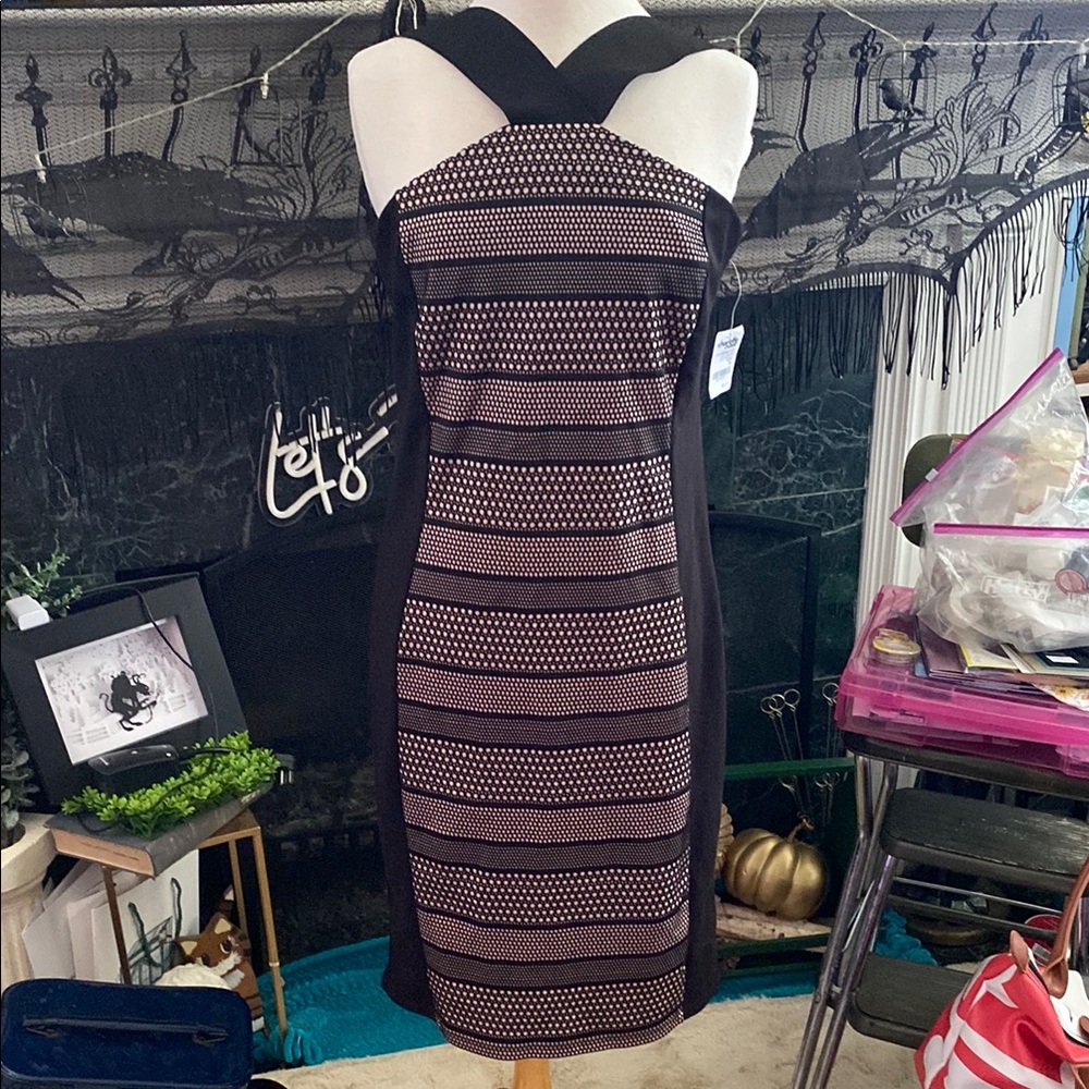 Charlotte Russe Black and flesh beige Ribbed Halter Sheath Midi Dress